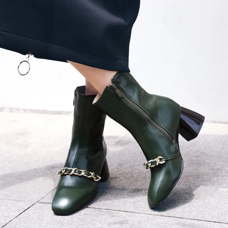 Women's thick heel short boots with metal chain decoration - Green