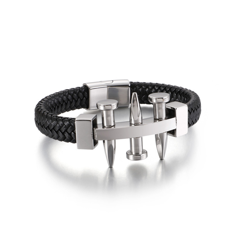 Nail hand-woven leather stainless steel bracelet