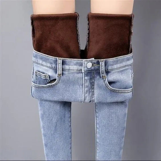 High-waisted trousers plus fleece jeans winter stretch skinny - B1Style-26