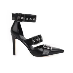 Super high heel pointed toe metal buckle sandals - Black - View 1