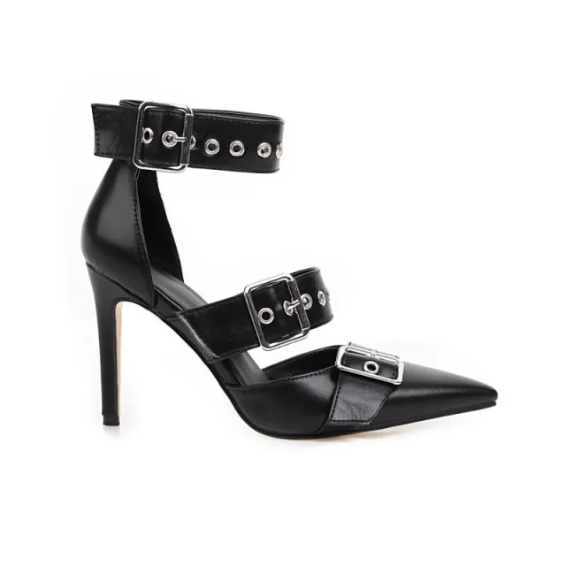 Super high heel pointed toe metal buckle sandals Black - Shop at LoveMi