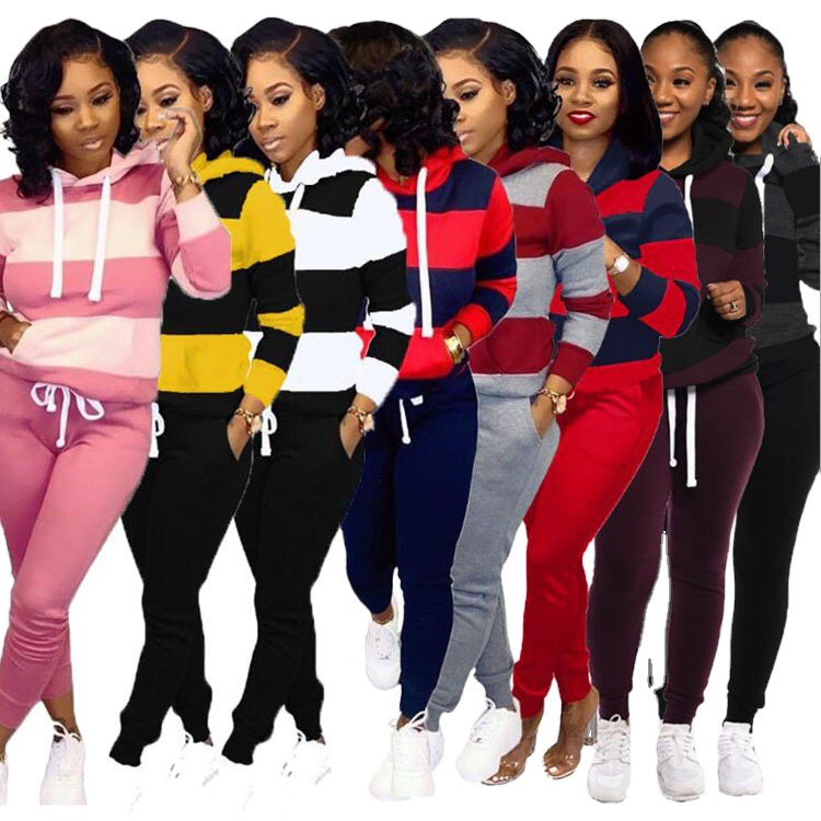 Striped stitching hooded sweatshirt and pants suit