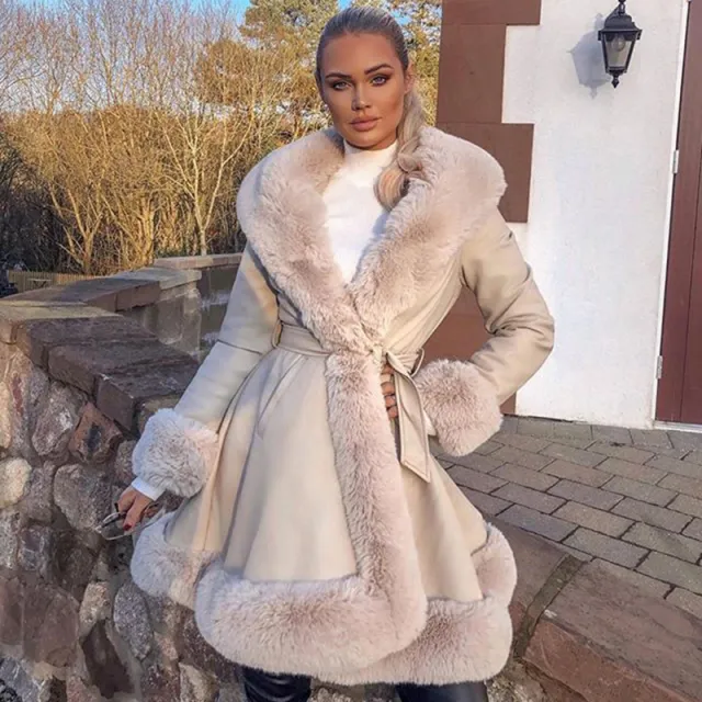 Fur coat with lotus leaf hem and faux leather belt Khaki - Shop at LoveMi