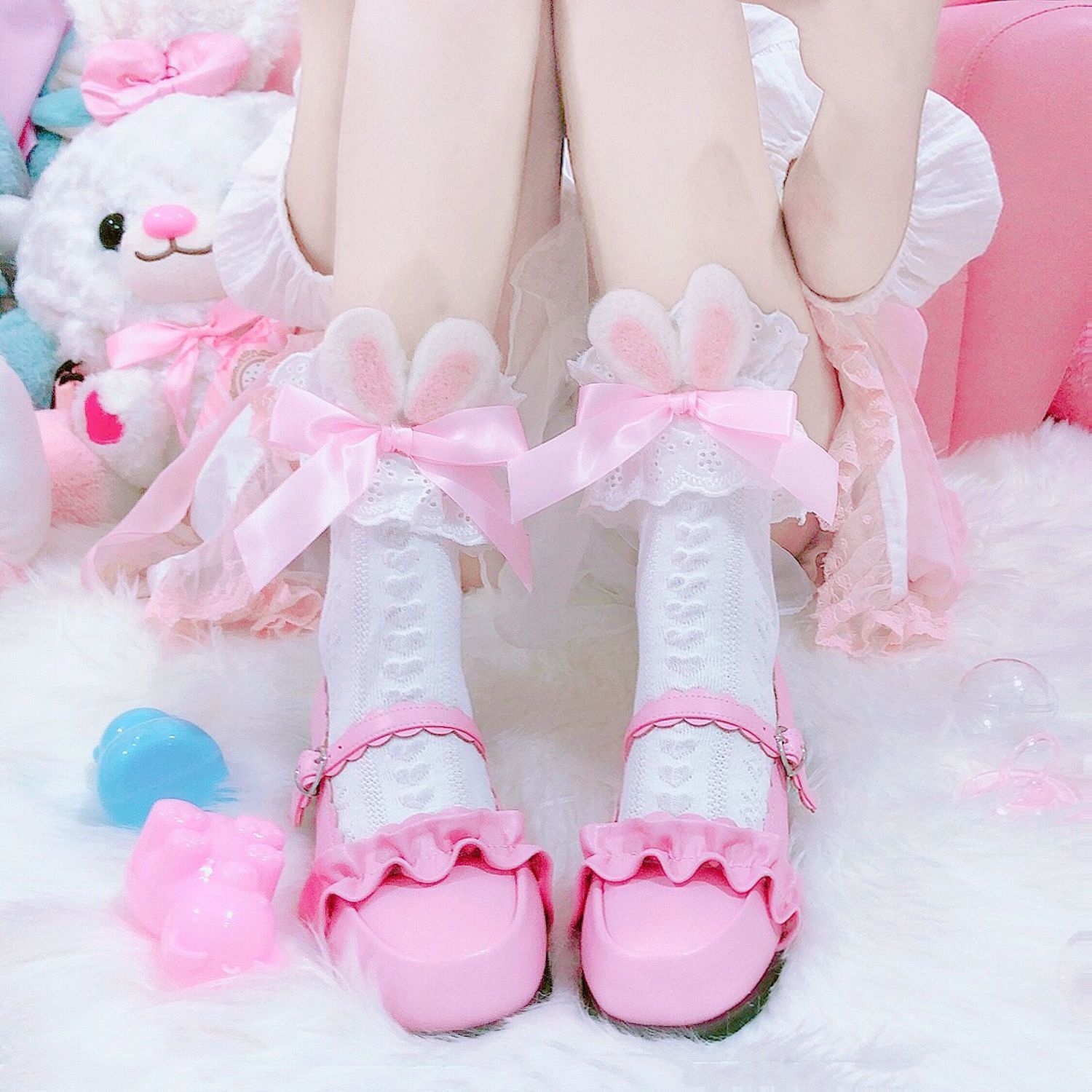 Japanese cute pink Lolita medium short cotton socks