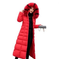 Large fur collar belt winter loose and thick down padded jacket - Red - View 1