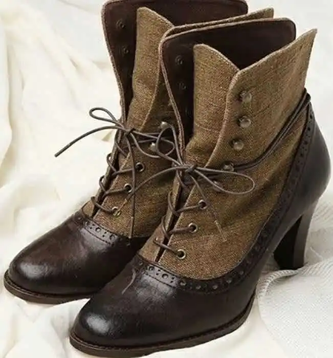 Lace-up women's high heel stitching Martin boots - Brown