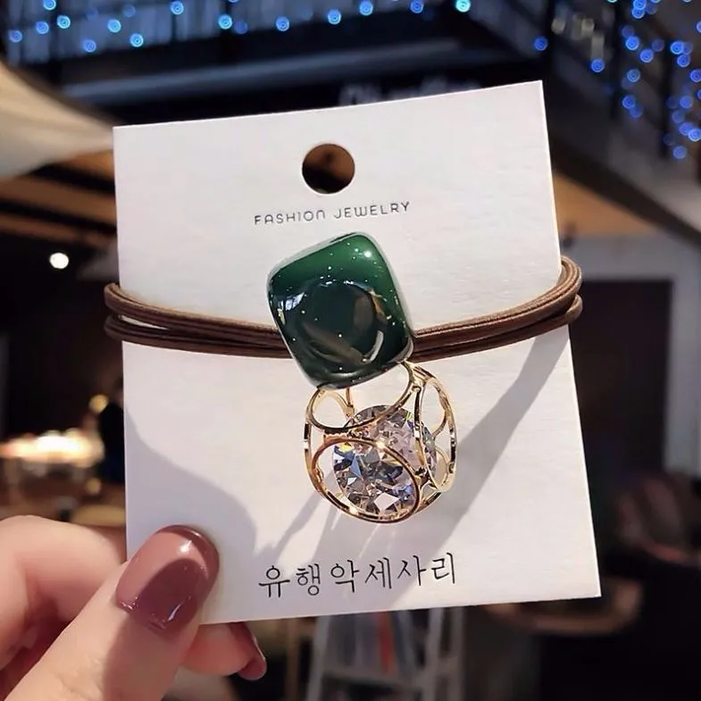 Hollow crystal hair tie hair rhinestone rubber band - Green