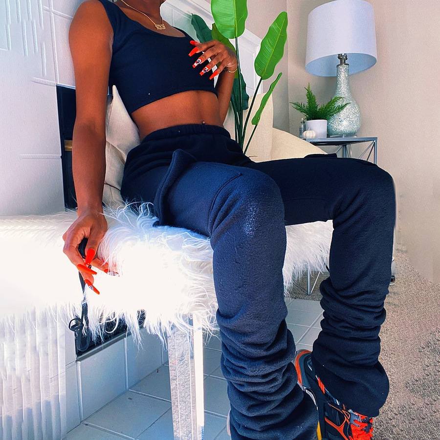 Pure color high waist street shooting all-match casual pile pile pants