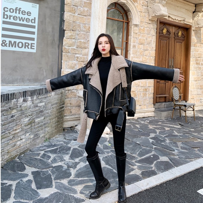 Women's lamb hair plus velvet thickening motorcycle leather