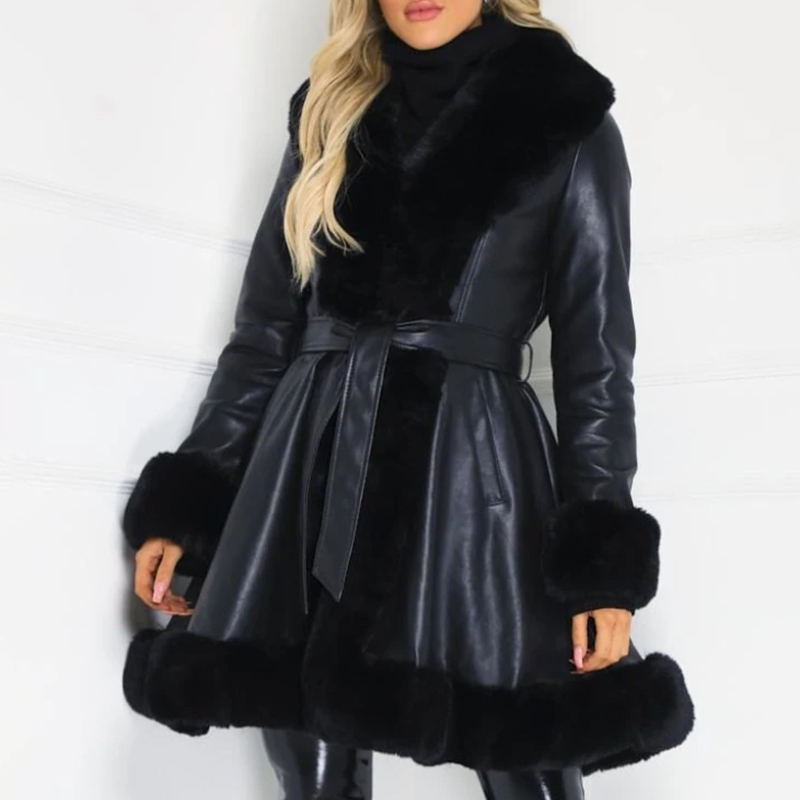 Fur coat with lotus leaf hem and faux leather belt Black - Shop at LoveMi