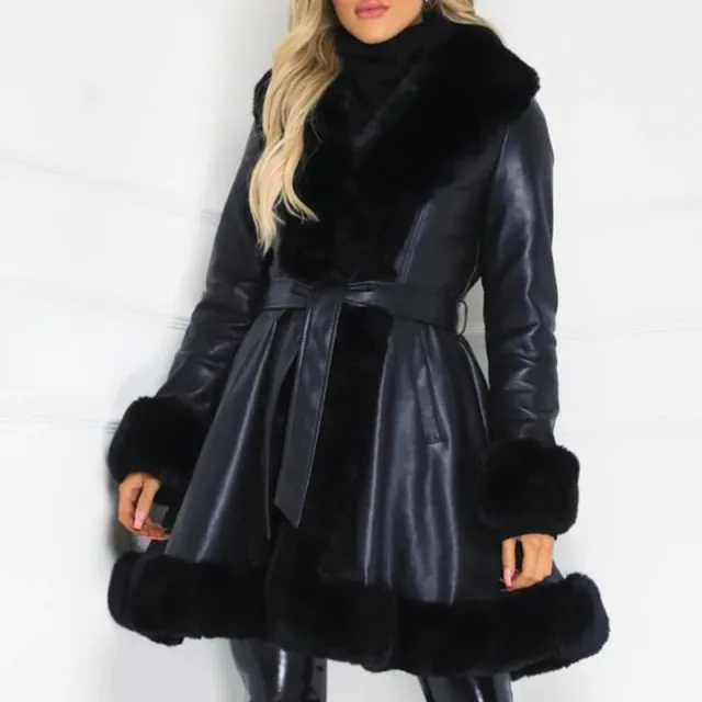 Fur coat with lotus leaf hem and faux leather belt Black - Shop at LoveMi