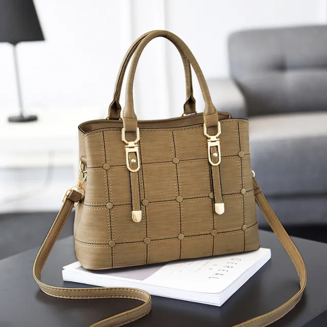 PU button decoration handbag plaid bag Khaki - Shop at LoveMi