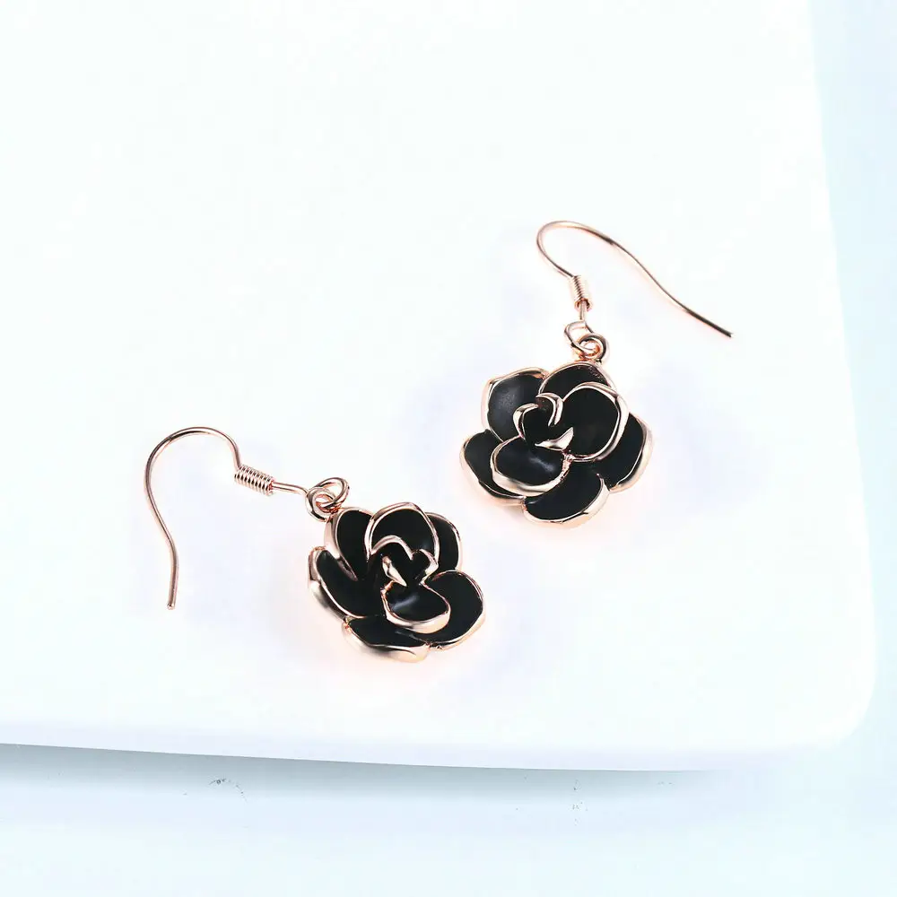 Real gold black oil rose pendant earrings