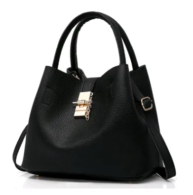 Women's bag shoulder bag thickening lychee pattern PU portable bucket bag women's mother Europe and America thick shoulder Messenger bag Black - Shop at LoveMi