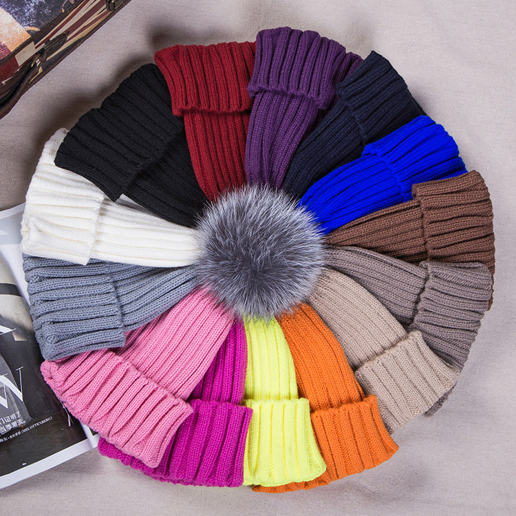 Big fox fur ball wool hat