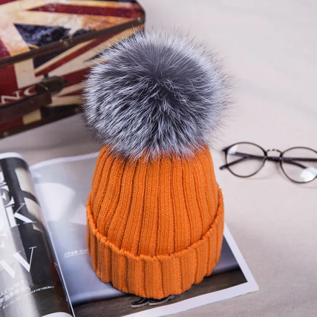 Big fox fur ball wool hat Orange - Shop at LoveMi