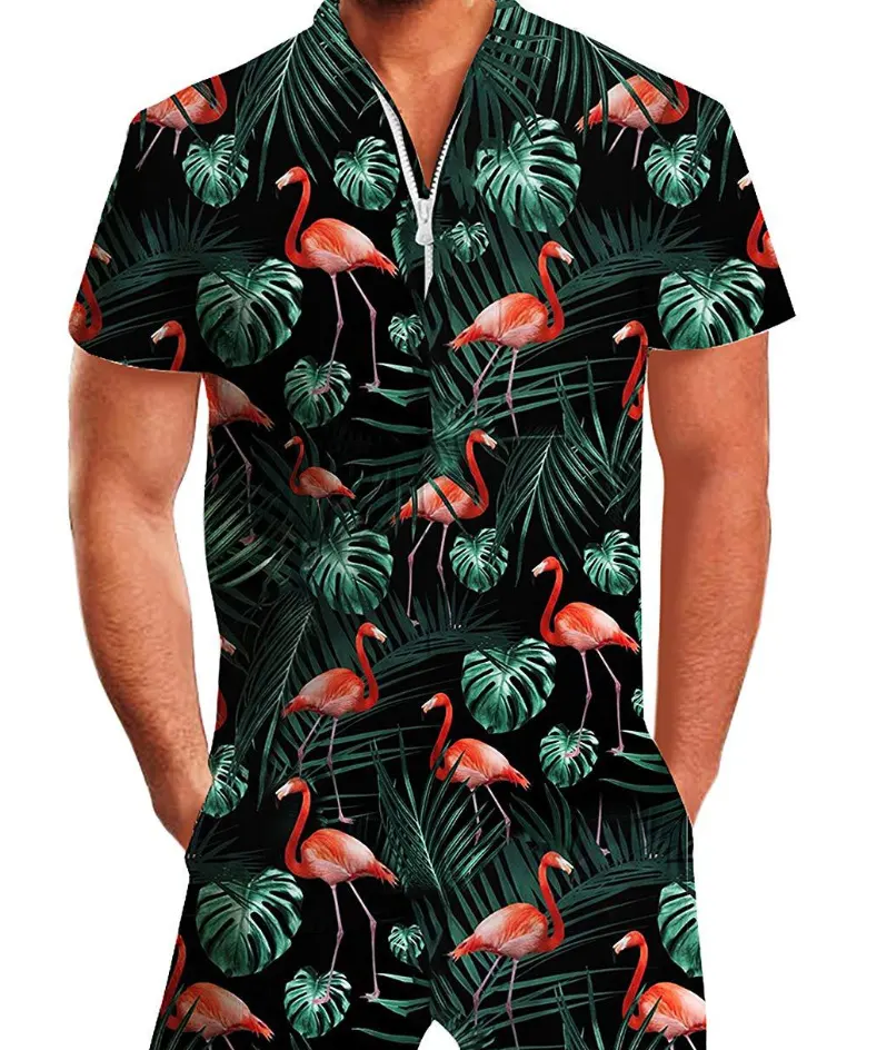 Summer Short-sleeve Jumpsuit Hawaiian Black Flamingo