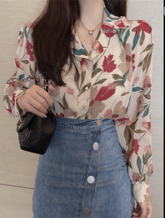 Ladies chiffon shirt temperament printed shirt