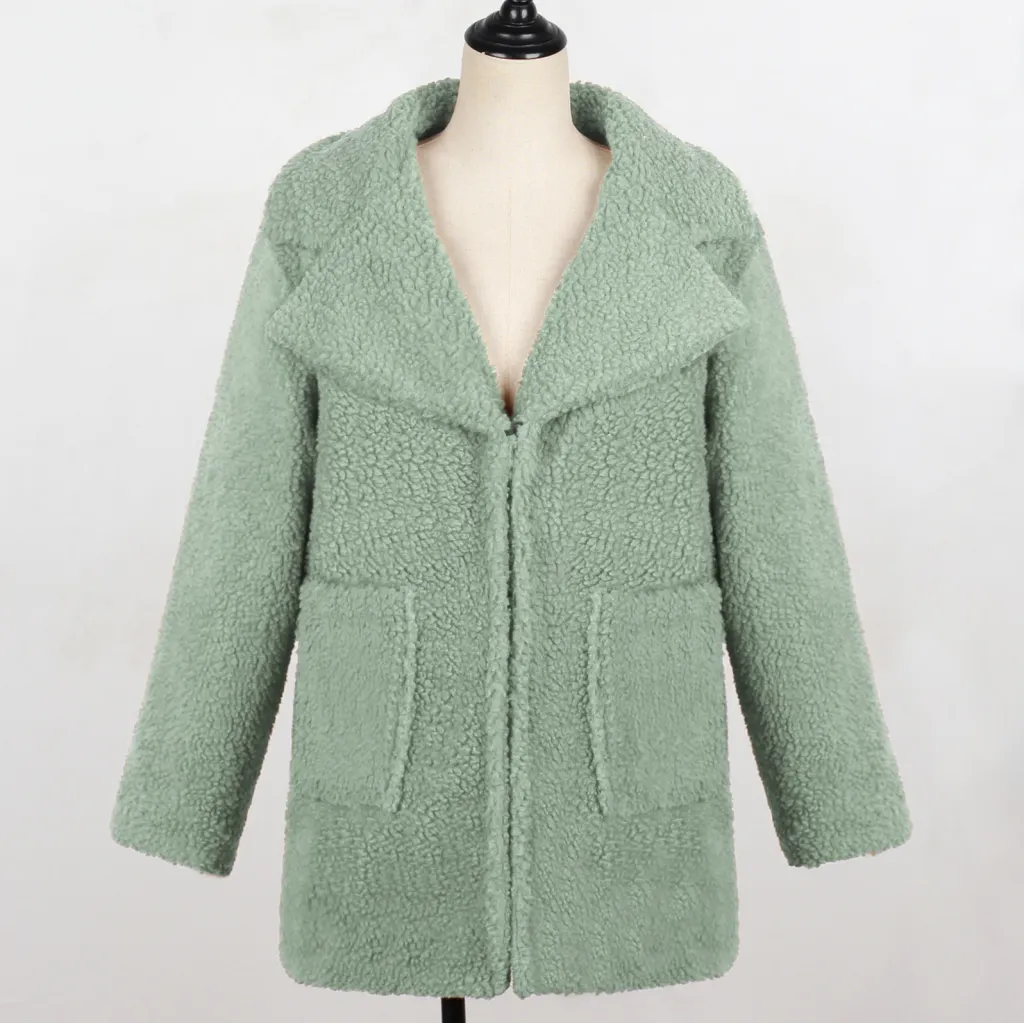 Long faux fur coat suit collar women casual coat - Green