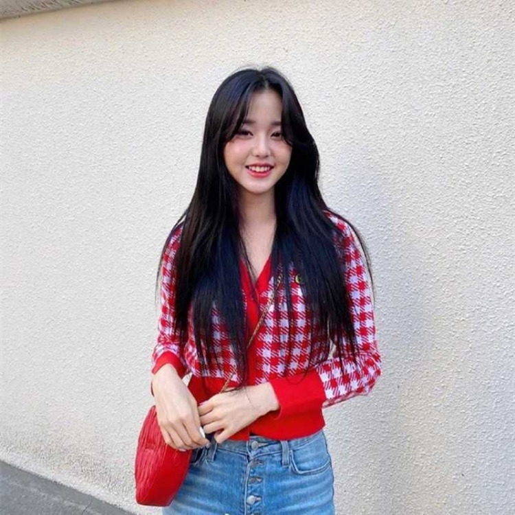 Red v-neck plaid short outer jacket