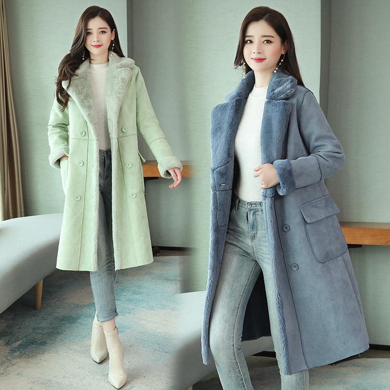 Korean style loose fur coat mid-length deerskin cotton jacket