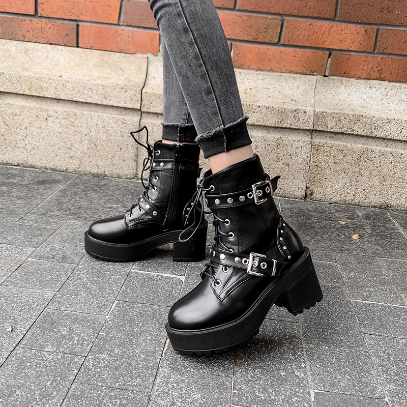 Rivet belt buckle lace thick heel platform platform women's boots
