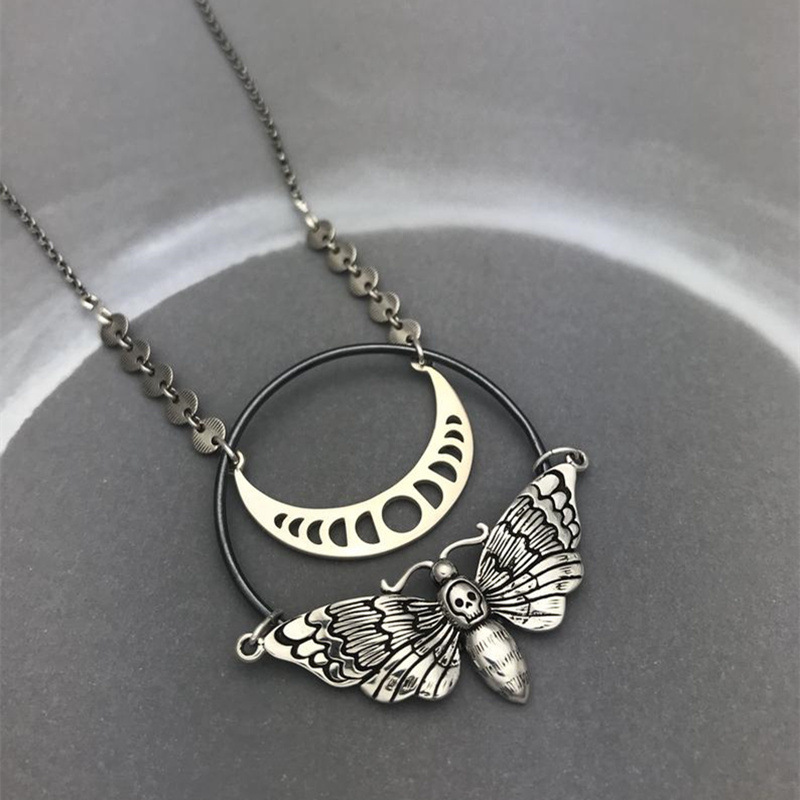 Moon phase skull moth mysterious pendant necklace
