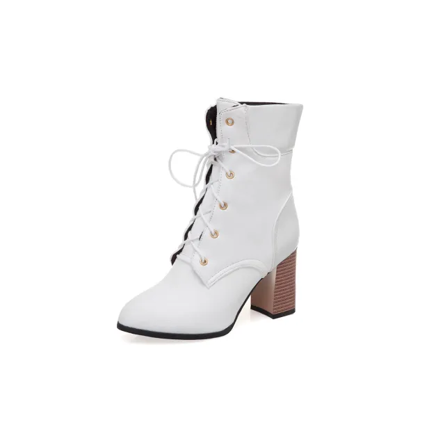 Thick heel lace up ankle boots plus size White - Shop at LoveMi