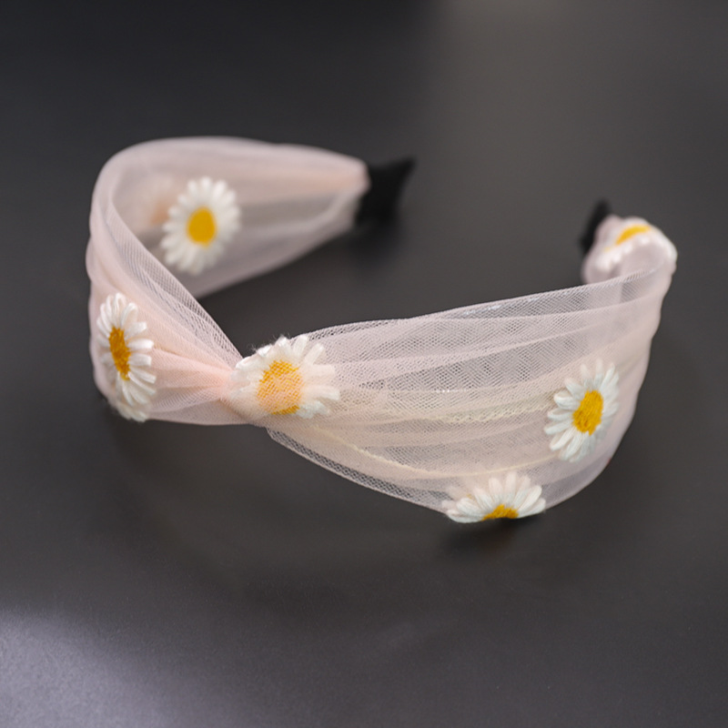 Lace transparent mesh embroidery small daisy headband Pink - Shop at LoveMi
