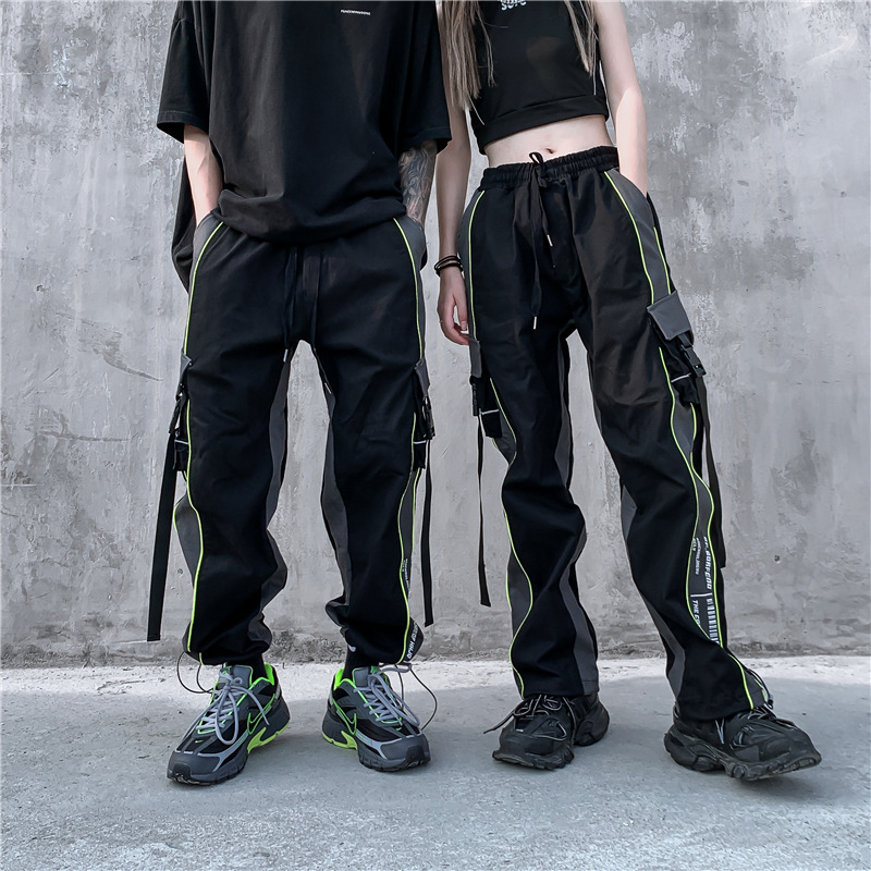 Drawstring waistband wide loose straight leg casual sports trousers