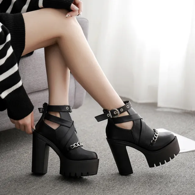 Hollow 14cm thick heel high heel thick sole cool boots Black - Shop at LoveMi