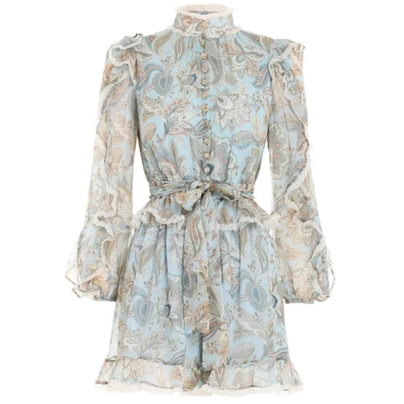 Ladies blue platycodon french high-end lace jumpsuit - Blue