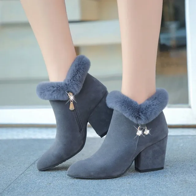 Pointed thick heel high heel short boots Grey - Shop at LoveMi