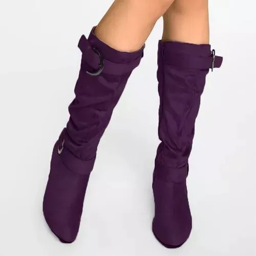 Belt buckle mid boots zipper ladies shoes - Purple