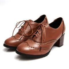 Lace-up thick heel women's shoes - Brown - View 1