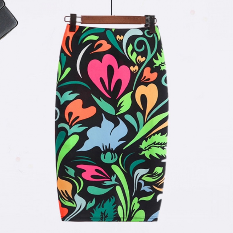 Printed bag hip mid-length back slit slim high waist one step skirt