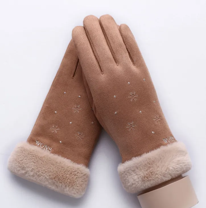 New Winter Female Lace Warm Cashmere Three Ribs Cute Bear Mittens Double thick Plush Wrist Women Touch Screen Driving Gloves 81C - Khaki