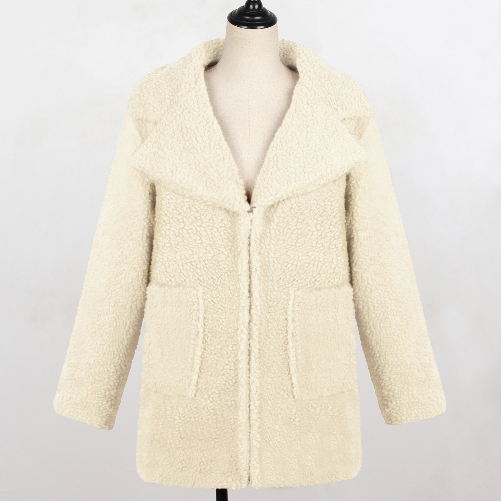 Long faux fur coat suit collar women casual coat Off White - Shop at LoveMi