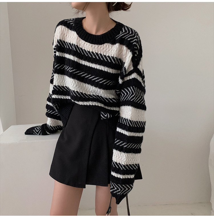 Striped color-block pullover women's autumn and winter forest sweater