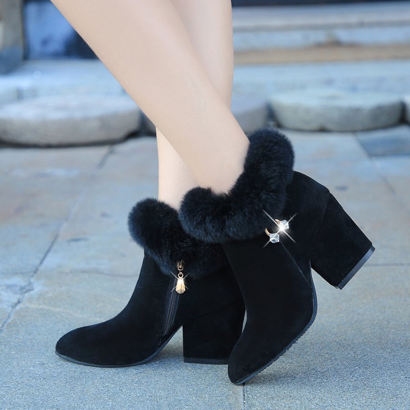 Pointed thick heel high heel short boots