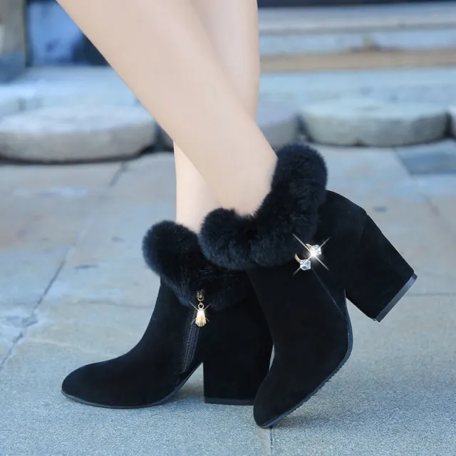 Pointed thick heel high heel short boots Black - Shop at LoveMi