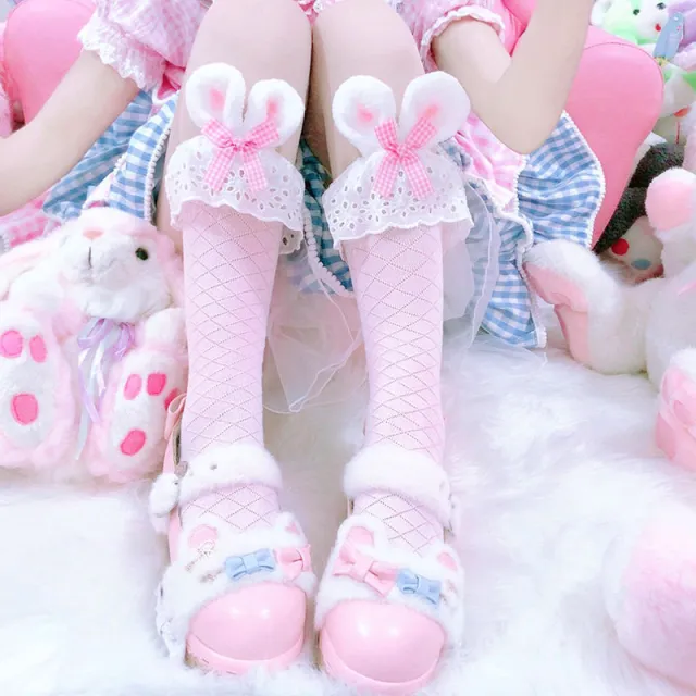 Japanese cute pink Lolita medium short cotton socks Pink - Shop at LoveMi