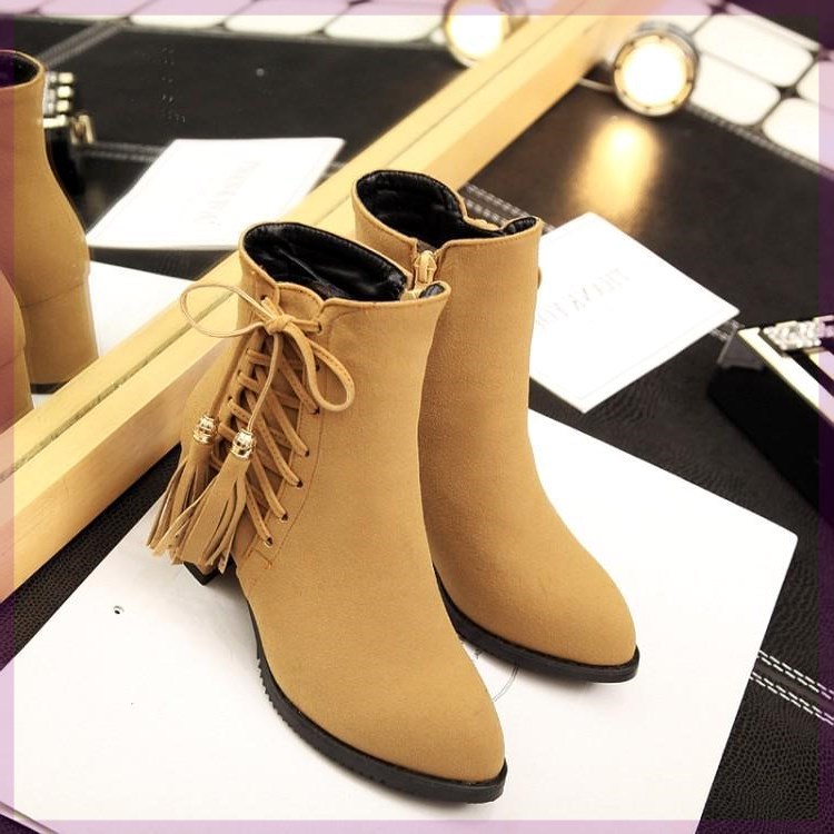 Short boots girls high heels thick heel fringed boots Yellow - Shop at LoveMi