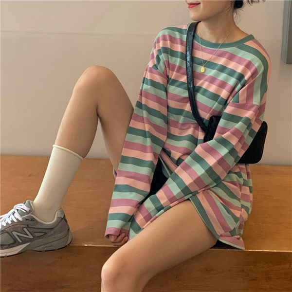 Versatile Rainbow Stripe loose bottoming long sleeve T-shirt
