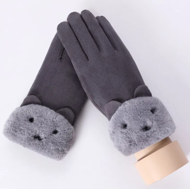 New Winter Female Lace Warm Cashmere Three Ribs Cute Bear Mittens Double thick Plush Wrist Women Touch Screen Driving Gloves 81C - Grey