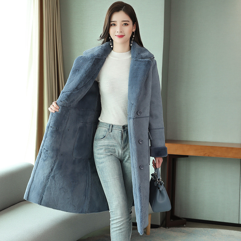 Korean style loose fur coat mid length deerskin cotton jacket Denim Blue - Shop at LoveMi