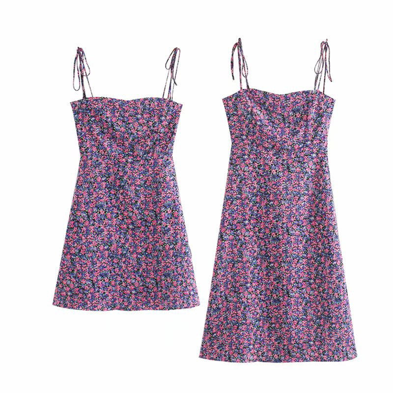 Purple high waist all-match floral sling dress