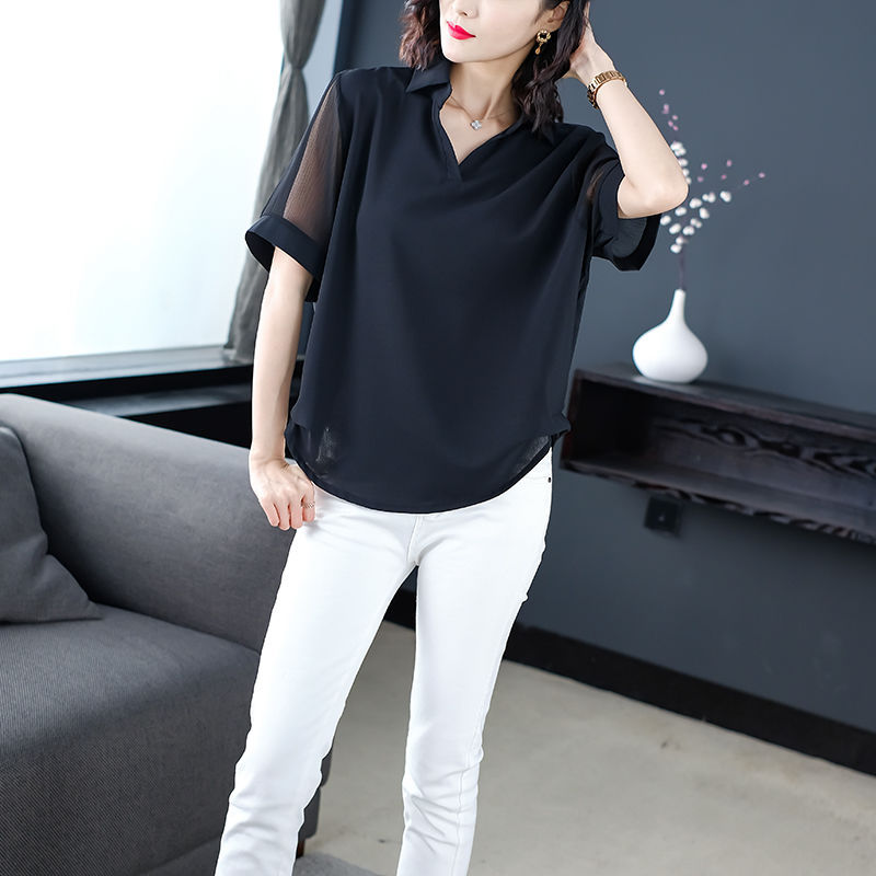 Chiffon shirt black short sleeve v-neck bottoming top