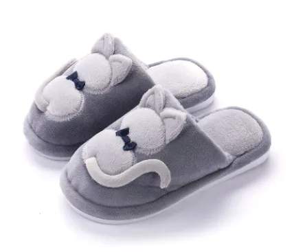 Winter cute cat parent child shoes plus velvet cartoon warm children's slippers home children's cotton slippers Gray - Shop at LoveMi