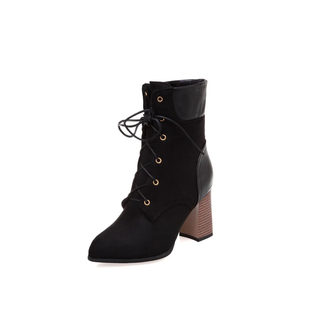 Thick heel lace up ankle boots plus size - Black